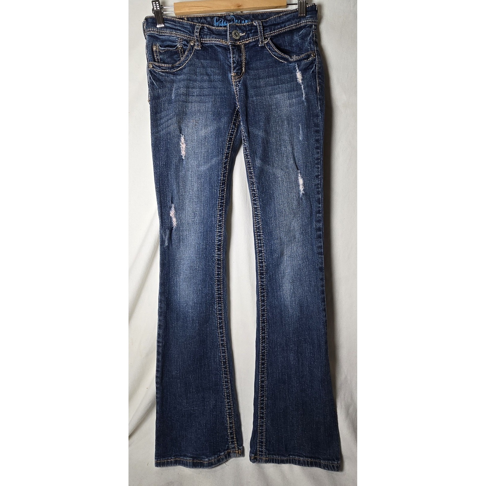 Ariya Jeans Womens Jeans 5/6 Short Blue Bootcut Embroidered Pockets Stretch